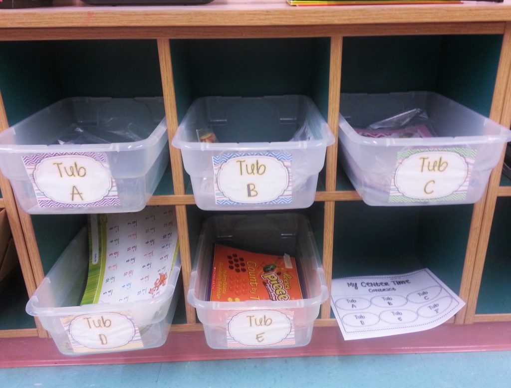 math center tubs- label math buckets so students can keep track of which bucket they've completed. 