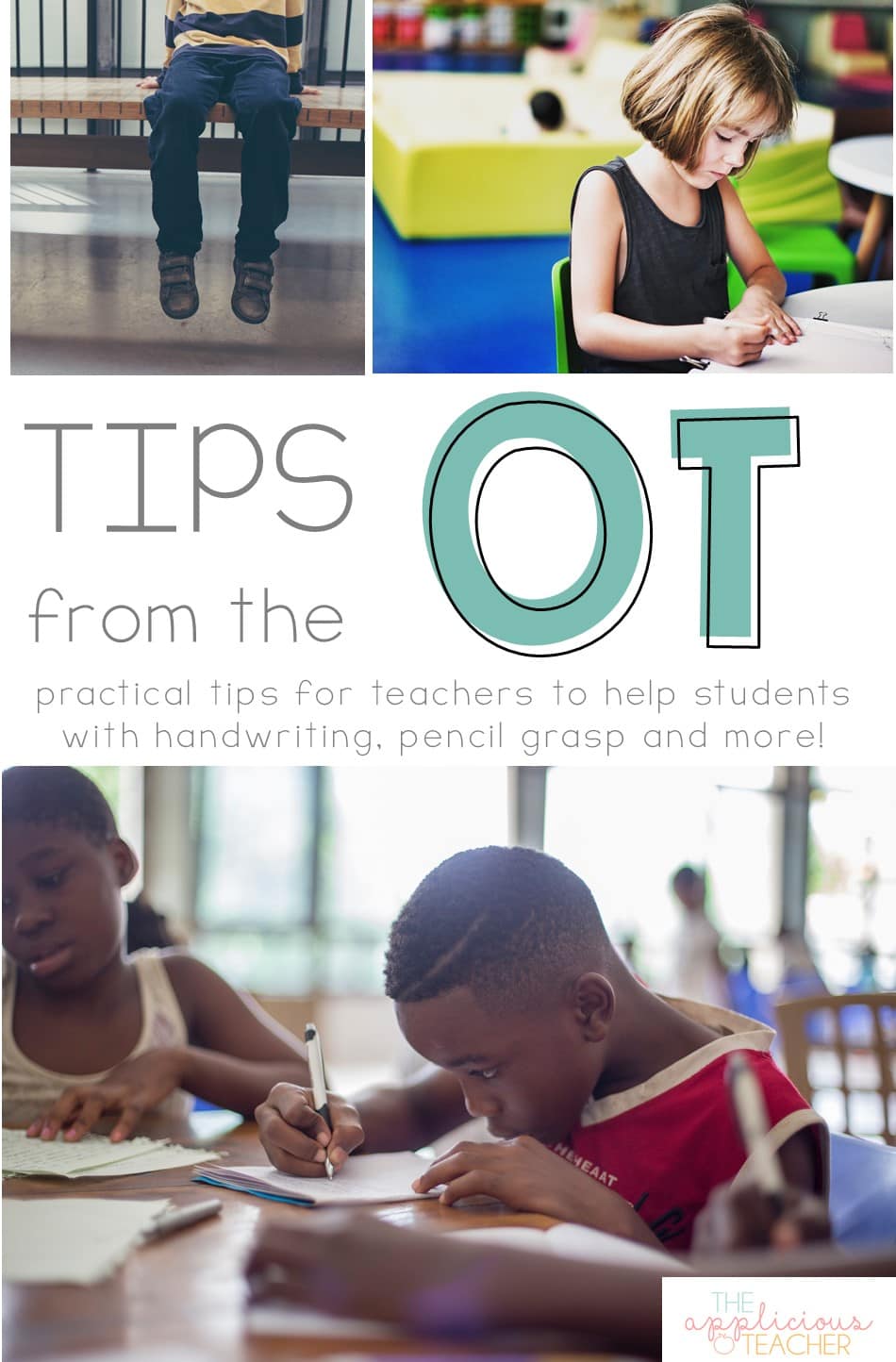 Tips from the OT for classroom teachers. Great post outlining how to help students with terrible handwriting or poor pencil grips. 