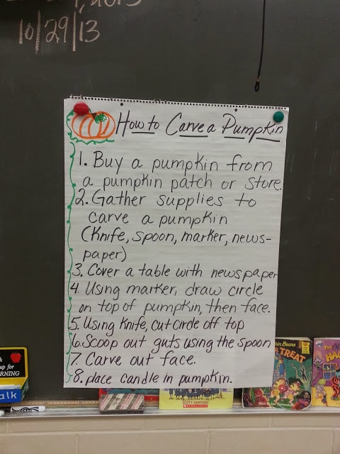 How to Carve a Pumpkin- Step by step anchor chart. Use for an expository writing lesson.