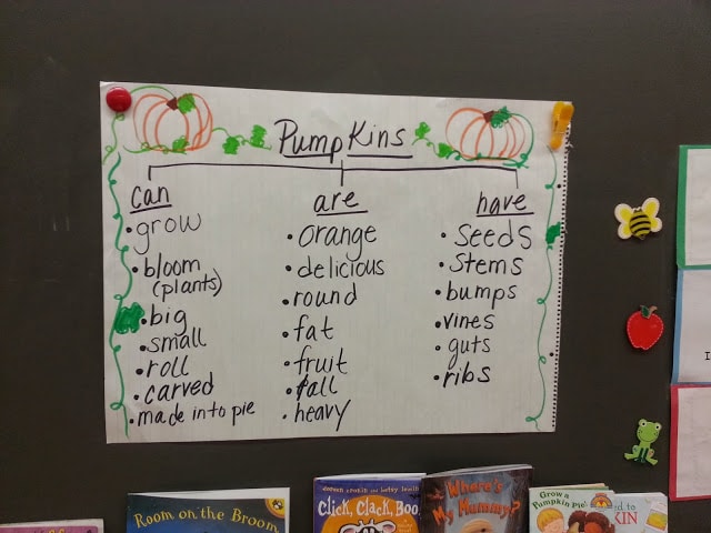 Pumpkins anchor chart- Can, are, have. Perfect for discussing what students know about a subject while building vocabulary. 