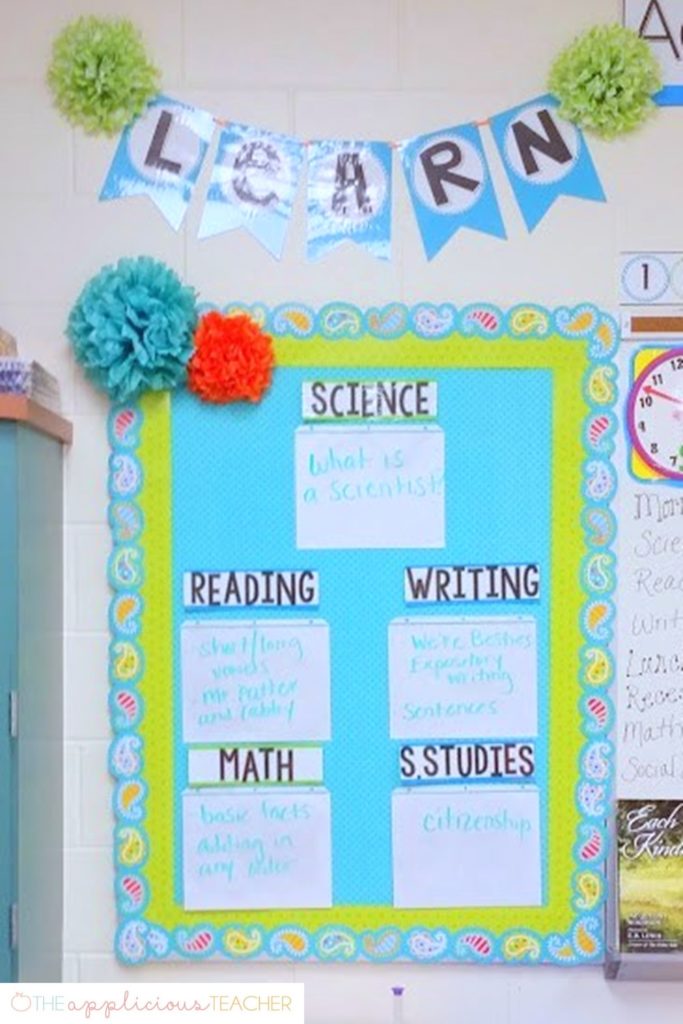 Our Learning Feed- love this play on an objective board! So simple to make, just plastic paper sleeves with white paper. Just write on and wipe off! #classroomdecor #objectiveboard