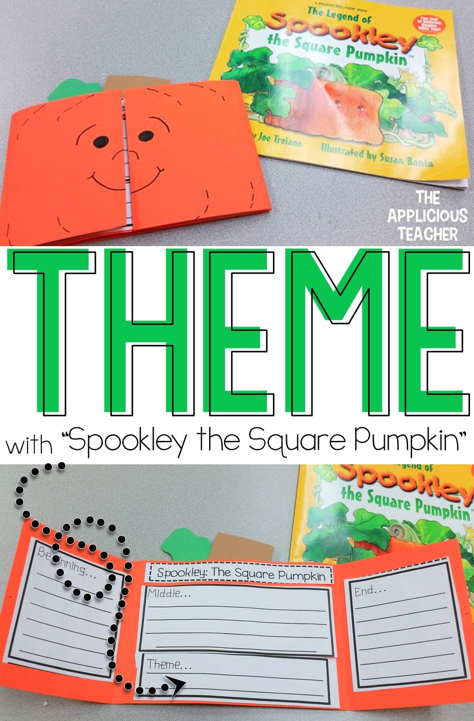 Helping students understand themes in stories using the classic Halloween story, Spookley the Square Pumpkin. Love this cute pumpkin freebie!