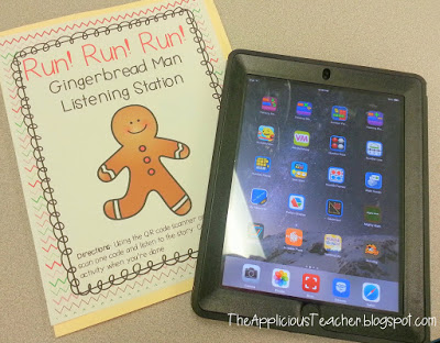 gingerbread man listening center with QR codes