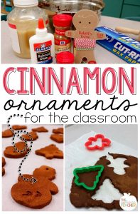 Cinnamon Ornaments for the classroom- love this idea of making those yummy smelling cinnamon ornaments with your class. The recipe she shares is classroom friendly and does not require baking. The kids even decorated the ornaments with puffy paint! Perfect craft for the holidays. 