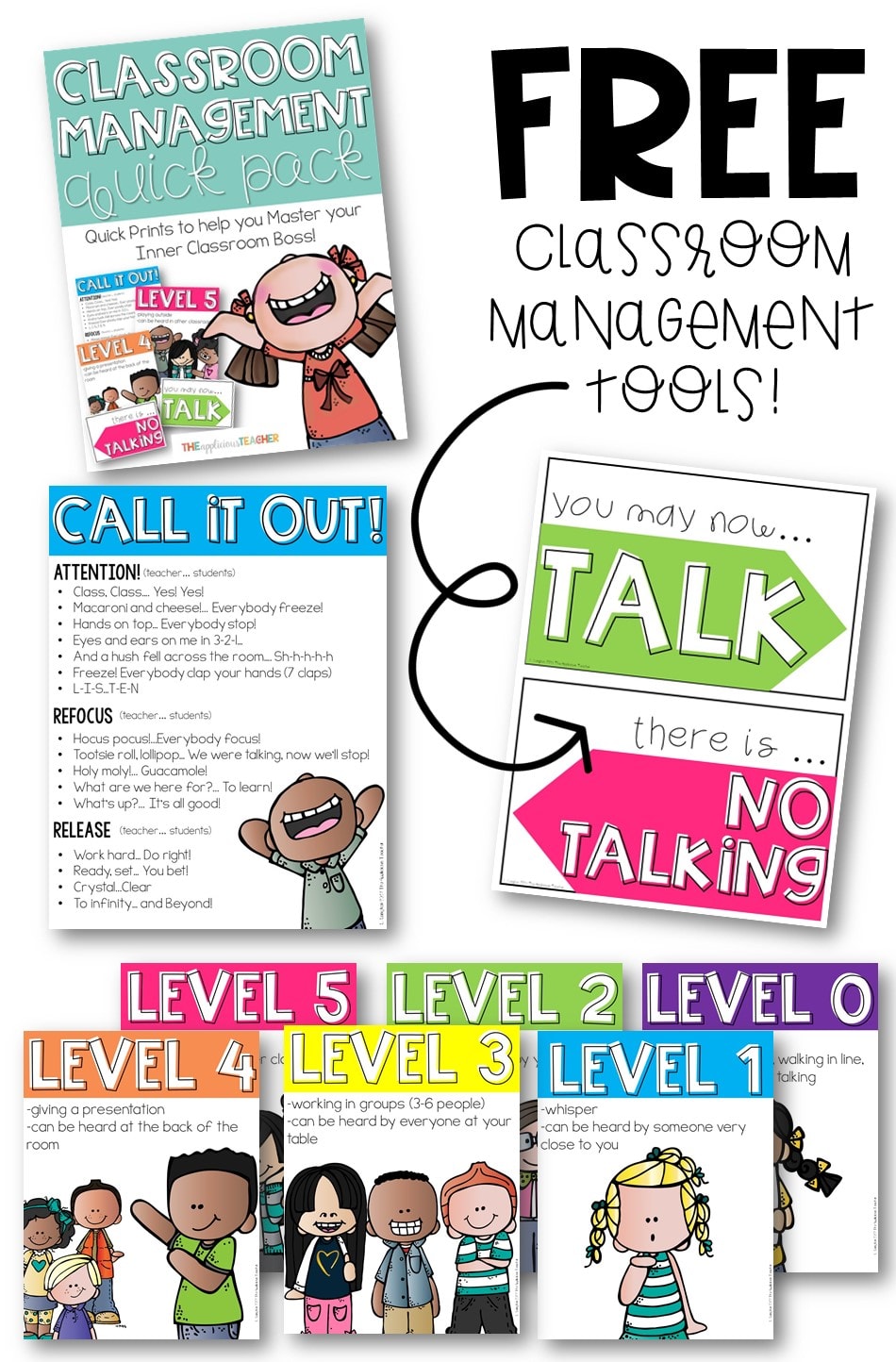 Grab these FREE classroom management posters and signs and finally wrangle all that talking! This amazing pack includes: noise level posters, a call and response reference sheet, and a no talking sign. Oh and they're FREE!