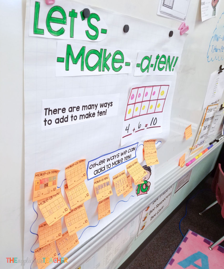 Adding to make a ten interactive anchor chart- perfect way for students to show they know how to use a strategy WITHOUT a worksheet. 