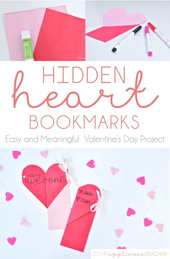 Easy Valentine's Day Craft- Hidden heart bookmarks- love this idea! Students can write a little message on the inside of the bookmark. Could also add a pencil or highlighter! TheAppliciousTeacher.com
