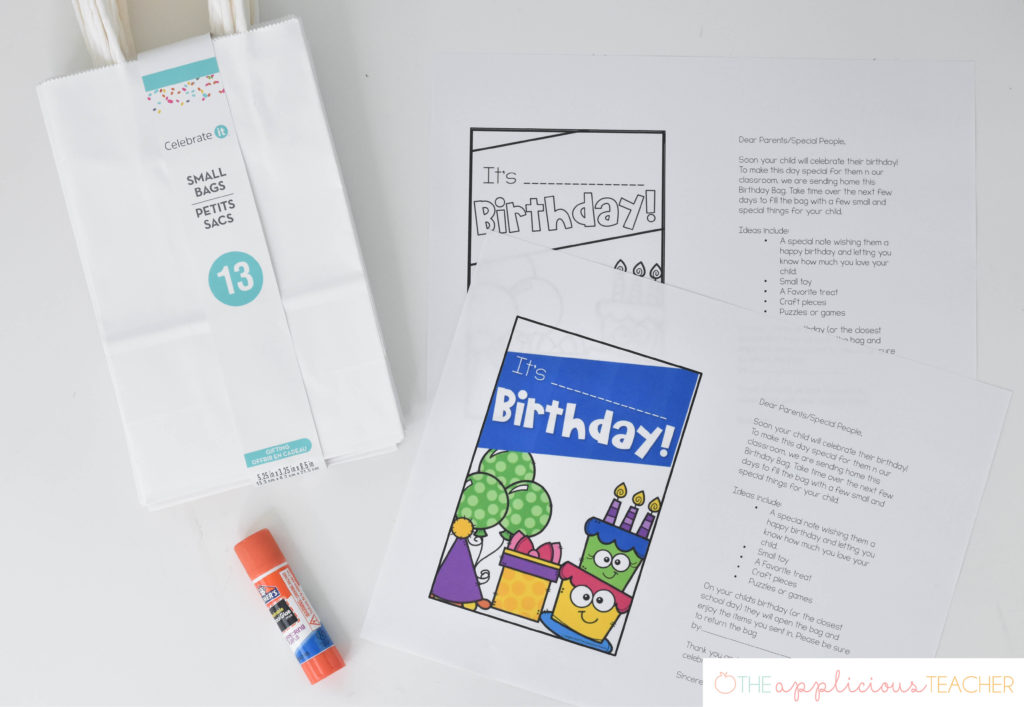 setting up classroom birthday bags