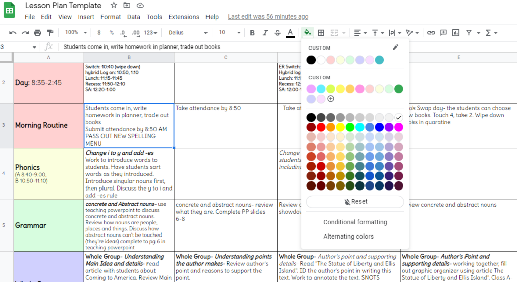 adding custom color to google sheets lesson plans