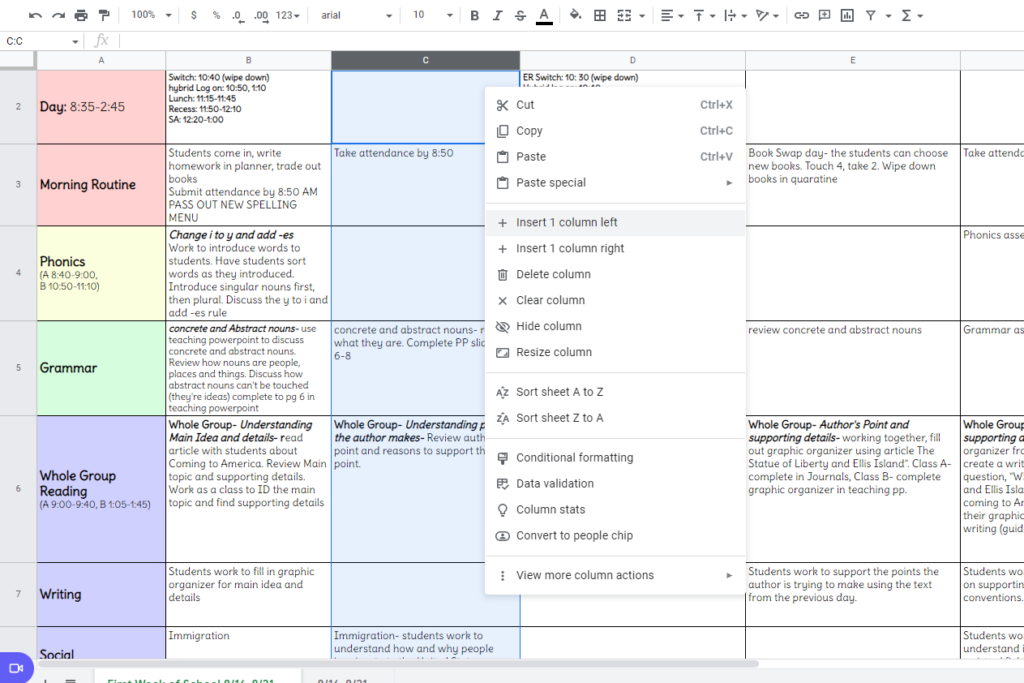 adding rows and columns in google sheets lesson plan template