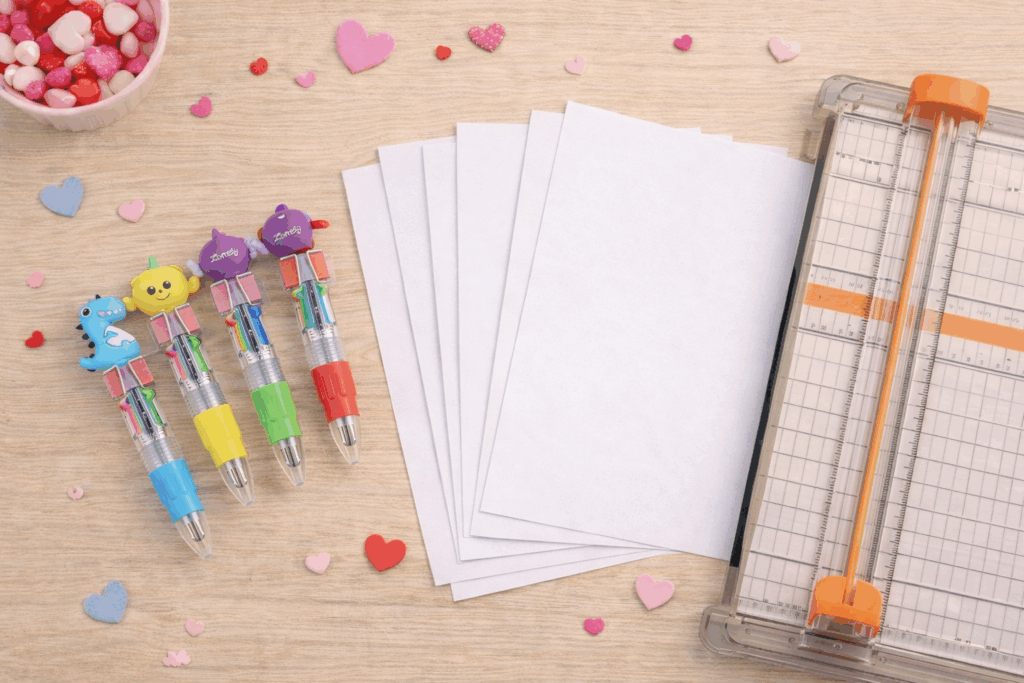 supplies to make valentines day mini pen cards for classroom. The Applicious teacher